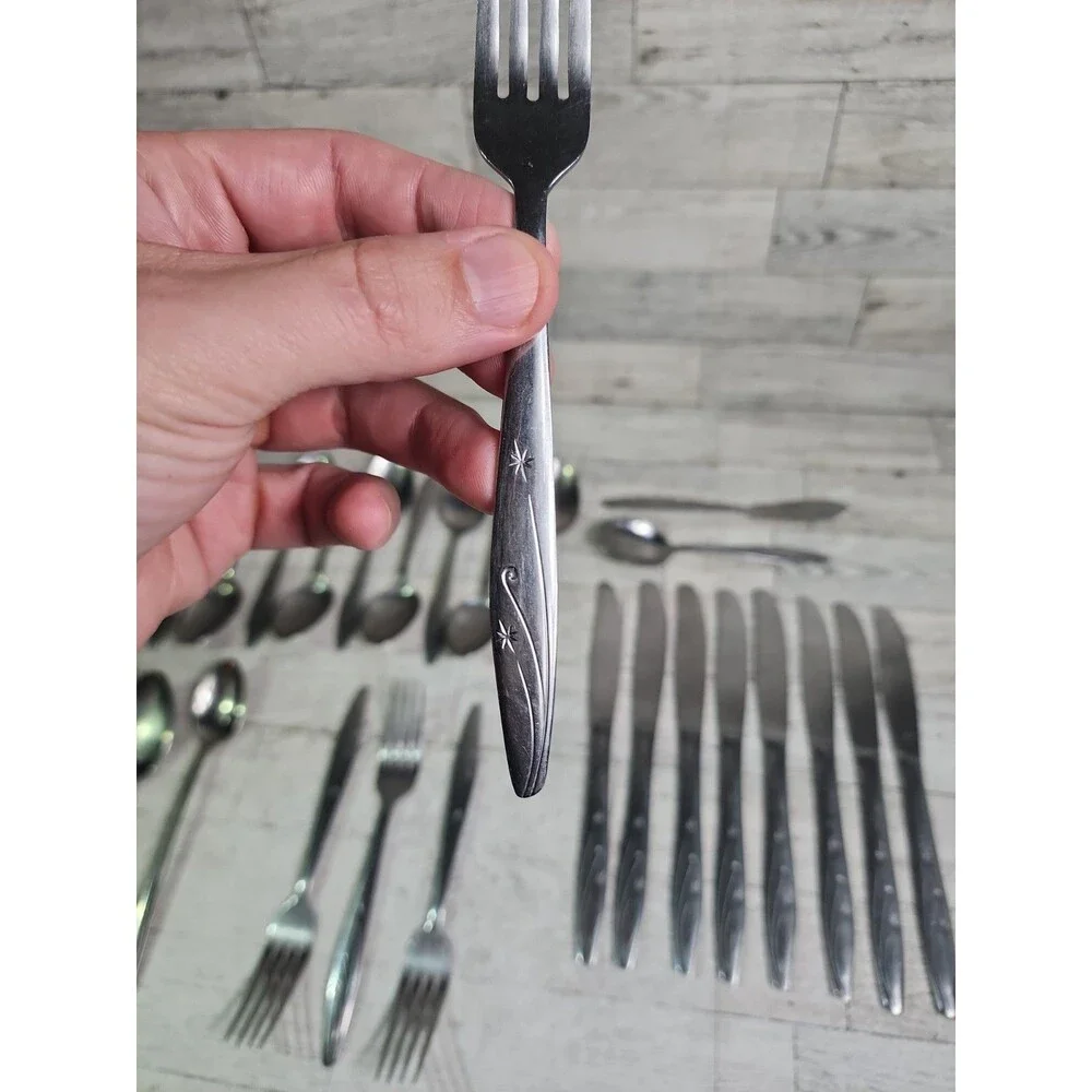 Vintage Atomic Starburst Thor Flatware Lot of 26 MCM Stainless Steel CI Japan